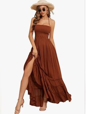 R.YIposha Strappy Backless Halter Beach Boho Maxi Dress Brown Sz S